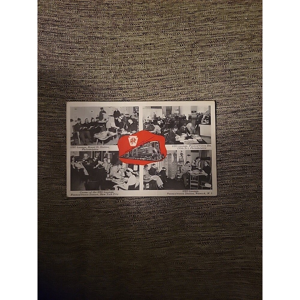 Pennsylvania Railroad Postcard WWII USO Train Station Soldiers Advertising 1944